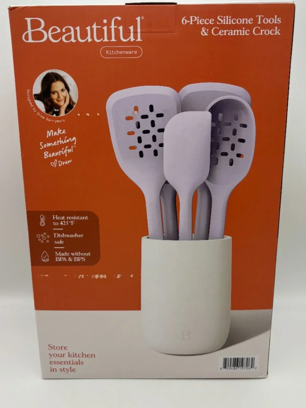 Beautiful 6pc Kitchen Silicone Tools Set Ceramic Crock Drew Barrymore, Lavender